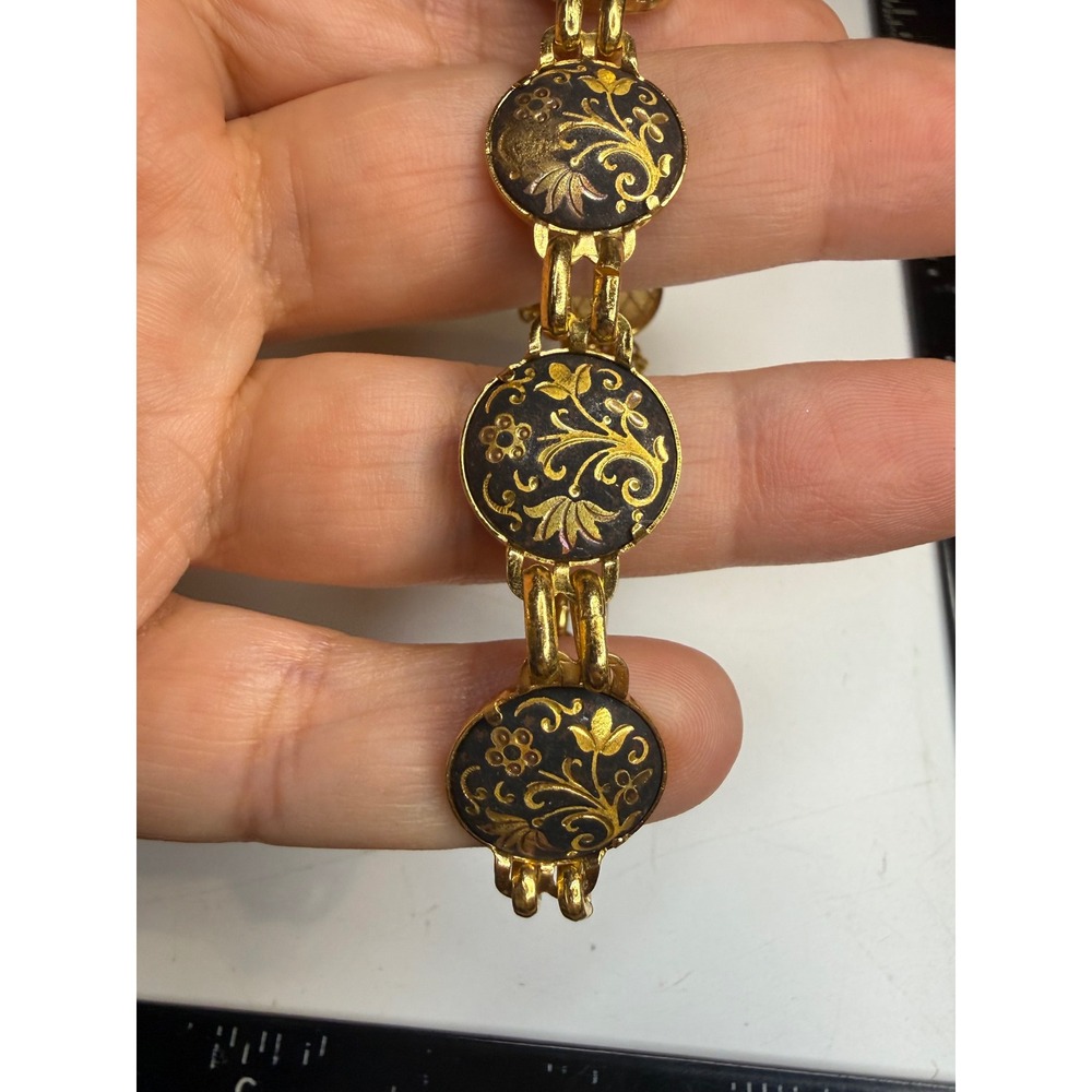 Damascene Floral Link Bracelet Gold Tone Black Enamel Safety Chain 7.5 Inch